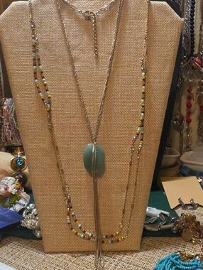 Multi Strand Gold-tone & Aventurin Stone Necklace and A Multicolor Bead Necklace